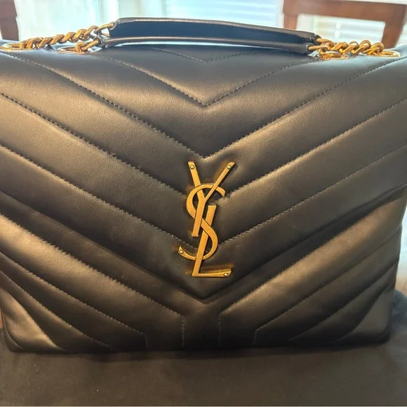 Saint Laurent Black and Gold Quilted Shoulder Bag - Picture 2 of 9